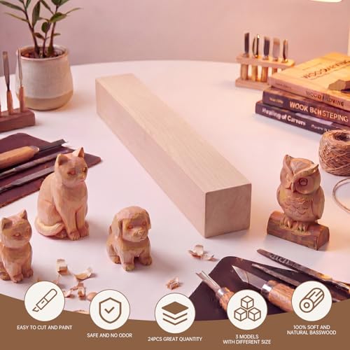 Basswood Carving Blocks - 4 Pack 12 x 2 x 2 inch Whittling Bass Wood Blocks Wood Carving Kit for Beginners, Soft Woodworking Blanks for Whittling, Use for Home, Crafts, Arts, DIY Projects - size: 4 PACK 12 x 2 x 2 Inch