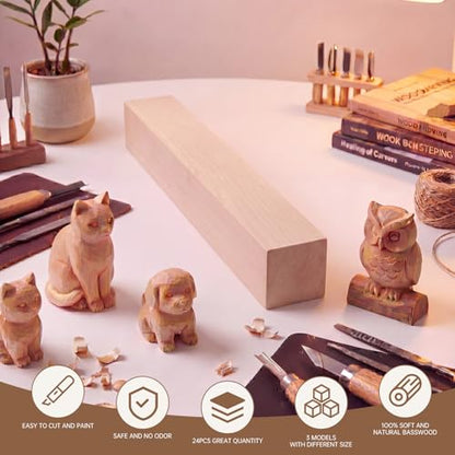 Basswood Carving Blocks - 4 Pack 12 x 2 x 2 inch Whittling Bass Wood Blocks Wood Carving Kit for Beginners, Soft Woodworking Blanks for Whittling, Use for Home, Crafts, Arts, DIY Projects - size: 4 PACK 12 x 2 x 2 Inch