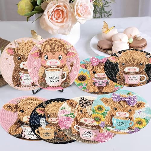 mrpwnle Diamond Art Coasters Kits, 8 Pcs Cow Diamond Painting Coasters Kits - color: Coffee Cow