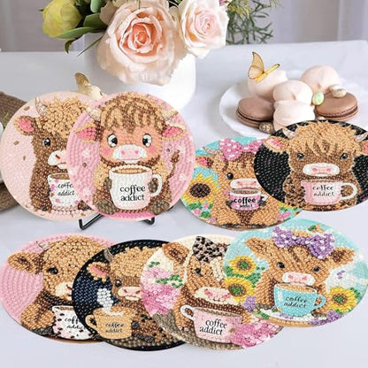 mrpwnle Diamond Art Coasters Kits, 8 Pcs Cow Diamond Painting Coasters Kits - color: Coffee Cow