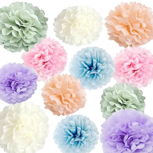 Pastel Rainbow Party Decorations in Colorful Tissue Paper Pom Poms Blush Pink Purple Peach Mint Light Blue Baby Bridal Shower Decorations (Macaron) - color: Macaron