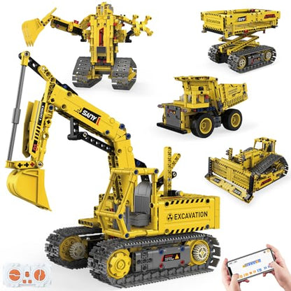 5-in-1 RC Excavator Building Kit for Kids 6+ | STEM Toys|555pcs App/Remote Controlled Excavator Kit | for Boys & Girls Ages 6+ | Rechargeable l Coding Robot Toy - style: K96173