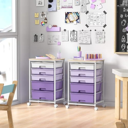 SYKIARIOL Utility Cart with 5 Drawers with Wooden Top,Purple - color: Purple