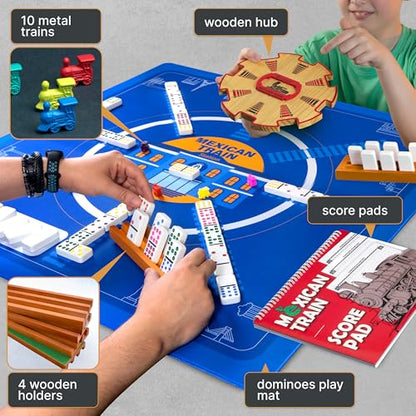 Queensell Mexican Train Dominoes Set with Jumbo Tiles – Double 12 Dominoes Set for Adults, 91 Tiles with Colorful Dots, Wooden Hub, Train & Aluminum Case - size: D12 Jumbo