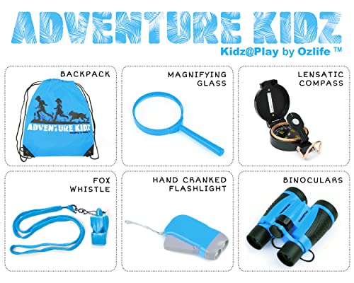 Adventure Kidz - Outdoor Exploration Kit, Binoculars with Case, Flashlight, Compass, Whistle, Magnifying Glass, Backpack, Bundle (21 Items)
