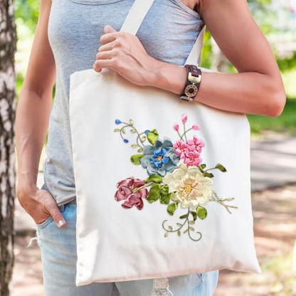Canvas Tote Bag Silk Ribbon Embroidery Kit for Beginners Arts DIY Crafts Starter Kit Include Stamped Bag Threads Hoop - color: Color #1, Beige Bag