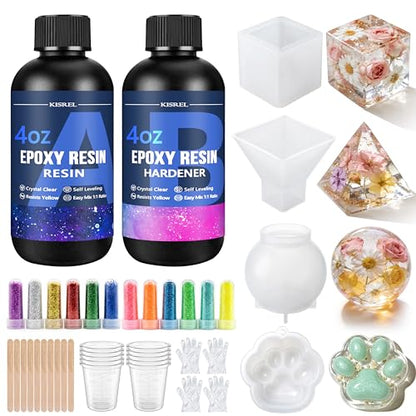 KISREL Epoxy Resin Kit 8OZ with Molds, 12 Glitter & Tools for Beginners - size: 8oz Resin Kit