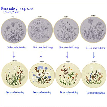 Bonroy 4 Sets Embroidery Set for Beginners, Art Craft, Easy Sewing Embroidery Kit Includes Embroidered Clothes with Patterns, Embroidery Hoops, Instruction Manual, Colorful Stitch Set (2 Most) - color: flowers 2