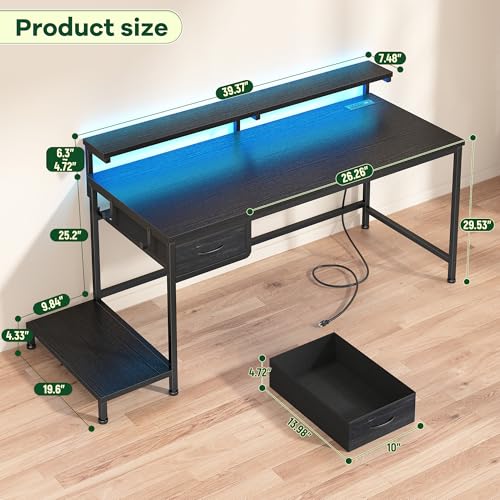 DurayLoly 39.3" Gaming Desk with Power Outlet and LED Lights,Bedroom,Black - color: Black, size: 39.3 IN
