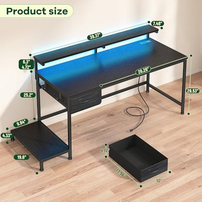 DurayLoly 39.3" Gaming Desk with Power Outlet and LED Lights,Bedroom,Black - color: Black, size: 39.3 IN