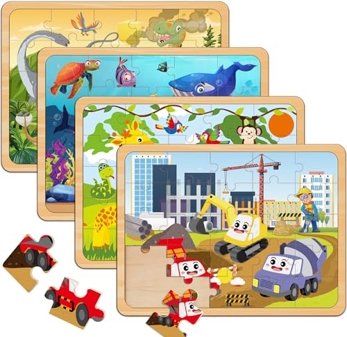 Wooden Jigsaw Puzzles for Kids Ages 4-6, 4-Pack 24-Piece Animal Puzzles Toy - color: Boys