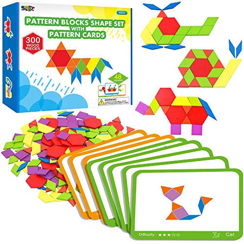 SpriteGru 300 PCS Wooden Pattern Blocks Set for Kids with 24 Double-Sided Design Cards(48 Patterns) and Storage Bag in Gift Box,Fun Montessori Learning Toys - style: 300 Pcs Blocks Set