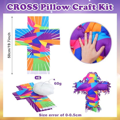 Weysat 6 Sets Religious Cross Tied Pillow Craft Kit 2026 VBS Crafts Christian DIY Pillow Gifts with PP Cotton Sunday School Decor VBS Favors Giveaways - style: Cross