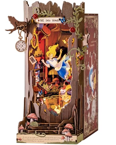 Rolife Book Nook Kit Fall into Wonder 3D Wooden Puzzles 9.9" Wonderland Booknooks DIY Miniature Kit with LEDs Fairy Tale Bookshelf Decor Craft for Adults Gift for Mom Women Men