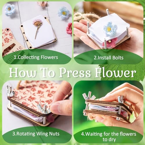 Leriton Micro Flower Press Kit 2.56 x 2.56 Inch Mini Wood Flower Press Kit Pocket Plant Leaf Preservation with 20 Specimen Papers for DIY Arts Crafts Pressing Plants