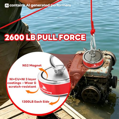Heavy Duty Magnet Fishing Kit, 2600LB Double-Sided Magnet and 98ft Rope