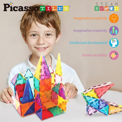 PicassoTiles Magnet Tile Building Block Set Magnetic Construction Square Triangle Tiles Toy Kit Sparking Creativity Geometric Shapes STEM Educational Learning Brain Development Kids Ages 3+ PB24 - color: 24 Pcs