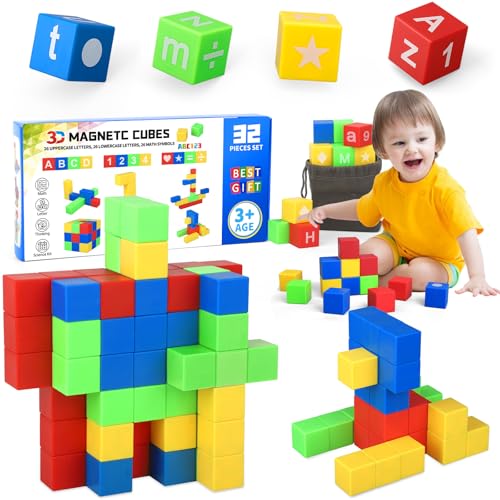 1 Inch Large Magnet Cube for Kids Toddler, Magnetic Blocks Gifts for Boys Girls , Letter Alphabet Sensory STEM Toy Science Kit, Number Construction 3D Puzzle Learning Toy Classroom Must Have 32 Pack