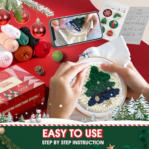 yuegool 6PCS Christmas Punch Needle Coasters Kit,Easy DIY Punch Needle Embroidery Kit for Beginners Adults Kids Including Patterns, Tools, Yarns, Hoop, Instruction, Coaster Holder Art Craft Supplies - color: Merry Stitchmas, size: 4-inch diameter