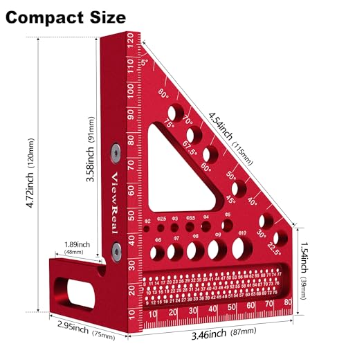 Metric Versatile Carpenter Square Scribing Ruler, 3D Multi-Angle Measuring Tool with Angle Pin Aluminum Alloy 22.5-90 Degree, CM Scale for Woodworking, Engineering, Construction - color: Red