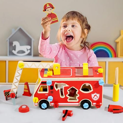LOVELAND Wooden Fire Truck Toy, Take Apart STEM Building Set with Kid-Safe Screwdriver & 6 Shape Sorter Tools, DIY Montessori Construction Vehicle, Pretend Play Educational Gift for Boys Girls Ages 3+