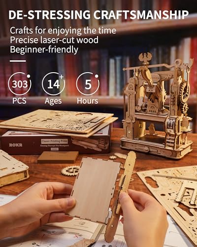 ROKR 3D Puzzle for Adults, Wooden Puzzles Classic Printing Press Model Building Kits, DIY Wood Crafts Cool Toys for Birthday, STEM Hobbies for Women Men (LK602)