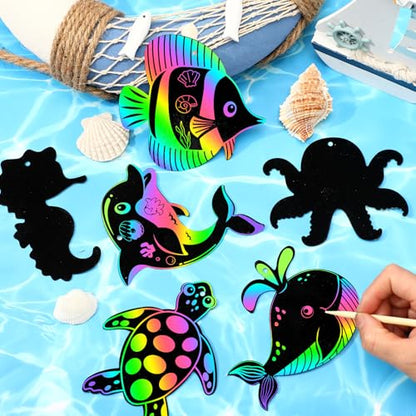 JULMELON 36 Pcs Ocean Crafts for Kids, Rainbow Scratch Art Party Favors - style: Ocean Crafts