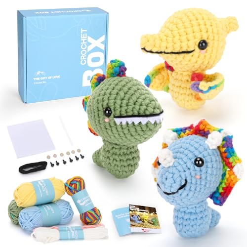 CrochetBox 3 PCS Dinosaur Crochet Kit for Beginners, Adults and Teen - color: 3 PCS Dinosaurs