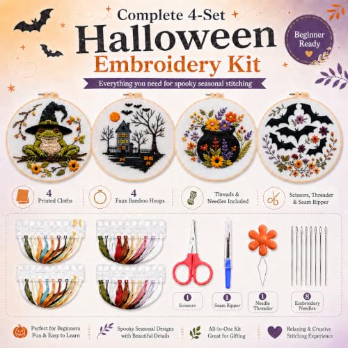 vadeny Halloween Embroidery Cross Stitch Kit for Beginners Adults Gothic Needlepoint DIY Craft Frog Haunted House Cauldron Bat Pattern 4 Set Sewing Hanging Decor with Needles Threads