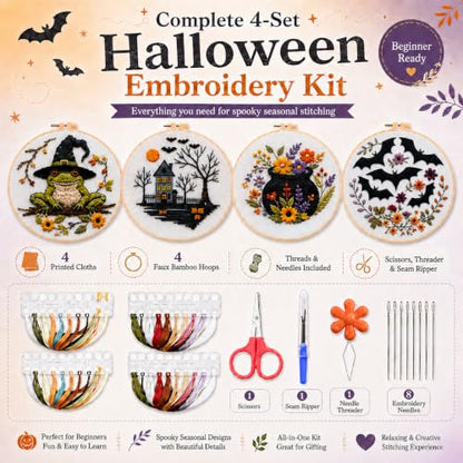 vadeny Halloween Embroidery Cross Stitch Kit for Beginners Adults Gothic Needlepoint DIY Craft Frog Haunted House Cauldron Bat Pattern 4 Set Sewing Hanging Decor with Needles Threads
