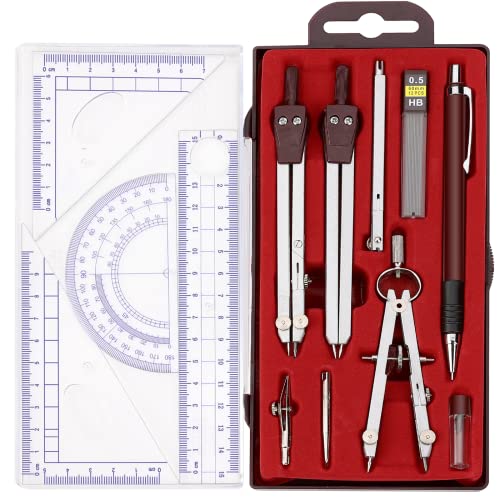 13PCS Compass and Protractors Set Math Compass Geometry Tool with Case - color: Brown