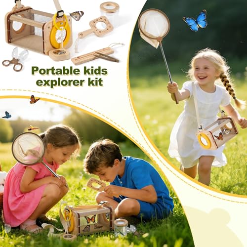 Wooden Bug Catcher Kit for Kids,10PCS Kids Bug Catching Kit with Bug Collector,Butterfly Net,Magnifying Glass,Toddler Bug Habitat Outdoor Explorer Kit Bug Collection,Nature Gift for Boys&Girls