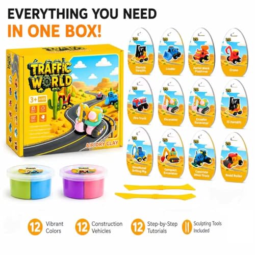 Air Dry Clay Kit for Kids – 12 Pack Construction Vehicles Modeling Clay Set - color: Yellow Traffic Kit