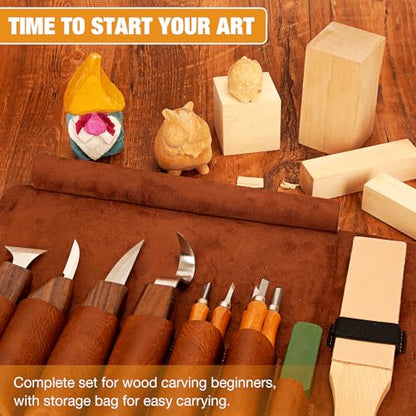 Wood Carving Kit, 24Pcs Wood Carving Tools with Storage Bag, Wood Whittling Knife Kit with 4pcs Templates & 6pcs Basswood Blocks for DIY Beginners
