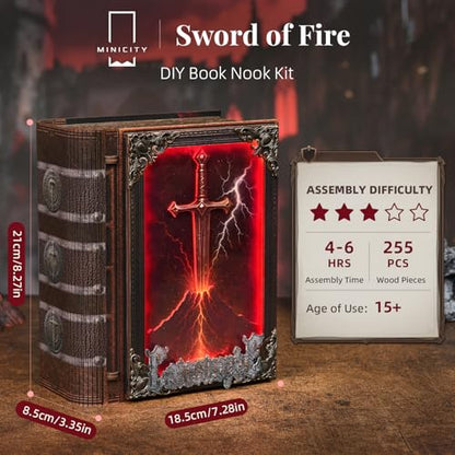 MiniCity Sword of Fire Book Nook Kit, 3D Wooden Bookshelf Puzzle with LED - color: The Sword of Fire