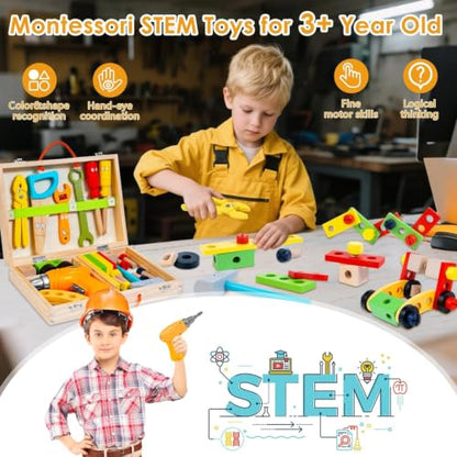 Kids Tool Set with Electric Drill, Montessori Wooden Toys for Boys Girls 3+