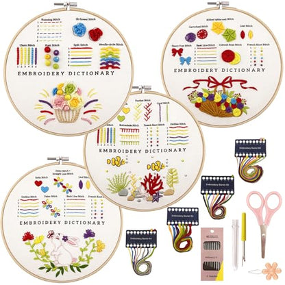 VIVIDOX 4 Sets Embroidery Kit for Beginners with Stitch Video, Cross Stitch Kits for Adults, Hand Craft Lover, Starters Easy Practice with Stamped Pattern, Hoop, Needles, Scissors, Tools & Instruction - color: Beginner Kit (with 1 Hoop)