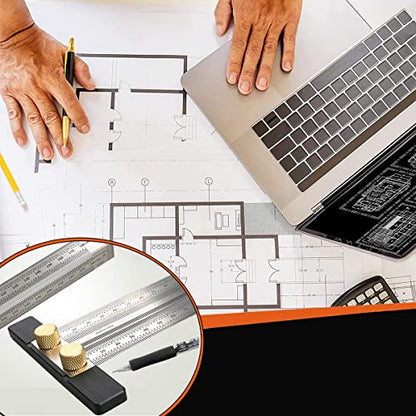 Woodworking Marking T Rulers Ultra Precision,Layout Work Scribe Line Ruler with Holes,Scribing Square Ruler Gauge Measuring Tool Draft Marking Tools Carpenter Measuring Ruler with Stop (200mm) - style: 200mm