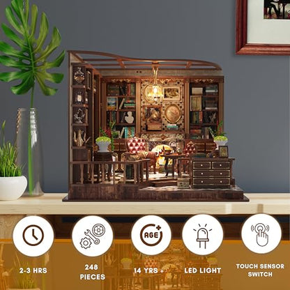 DIY Book Nook Kit LED 3D Wooden Puzzle — Aesthetic Miniature Bookshelf Insert Decor & Diorama Craft Building Kit for Adults, Teens & Home Library | Bookshelf Stand | (Left Bank Study)