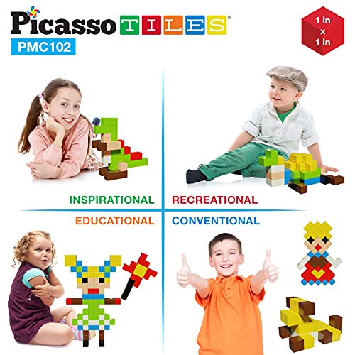 PicassoTiles 102pc Magnetic Puzzle Cube + Toys Carrying Case, 1" Pixel Mix & Match Cubes w/Free Idea Book Sensory Toys, Magnetic Tiles Construction Block Travel Bag, Waterproof Storage Organizer Box