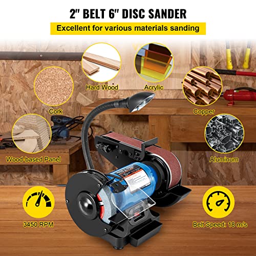 VEVOR 2IN1 2" Belt Grinder for Knife Making, 6" Belt Sander, 3450RPM Belt and Disc Bench Sander 90° Belt Holder with Sturdy Base and LED Working Lamp - size: 6" Grinder & 2" x 28" Belt Sander Combo