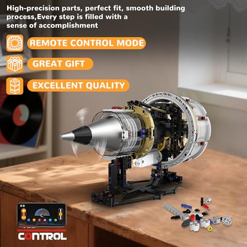 BrixVibe Aircraft Engine Building Set That Works, Mini Turbojet Model Kit Technic with APP Control Light & Motor, Collectible Mechanical Engineering for Boys 14+ Adults