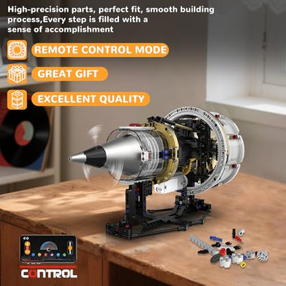 BrixVibe Aircraft Engine Building Set That Works, Mini Turbojet Model Kit Technic with APP Control Light & Motor, Collectible Mechanical Engineering for Boys 14+ Adults
