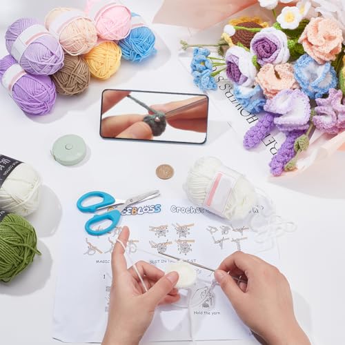 INFUNLY Mixed Bouquet Crochet Kits for Beginners Complete Flower Bouquet Crochet Kits for Adults Starters with Instruction and Video Tutorials Crochet Kit Gift for Mother's Day Wedding Birthday - style: Mixed Flowers