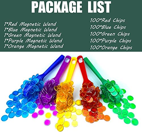 Magnetic Wands and Bingo Chips Game Tokens Educational STEM Kits for Learning, Sensory Bins, Science, Counting & Sorting 5-Pack & 500 Metal Chips