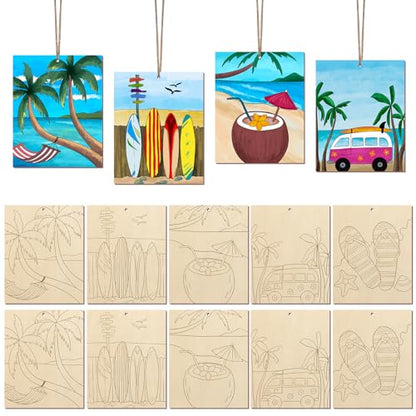 COCHIE 10 Pieces Large Summer Unfinished Wood Crafts to Paint for Adults, Bulk Predrilled Wooden Ornaments for Painting, Beach Paintable Wood Slices Craft Supplies with Ropes - color: Beach