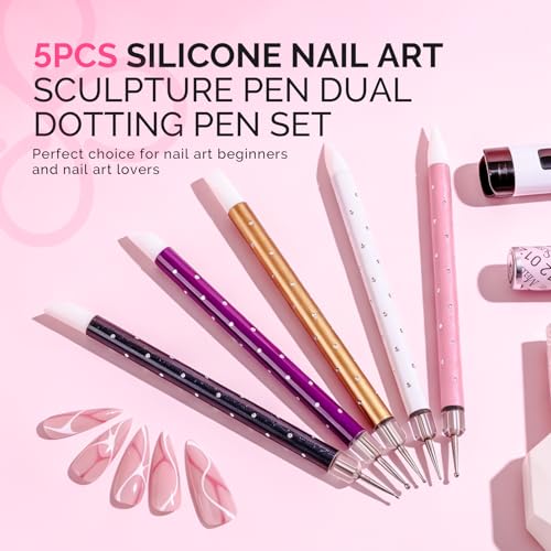 MelodySusie 5Pcs Nail Art Sculpture Dual Pen - color: Purple, Pink, White, Gold, Black, size: 5