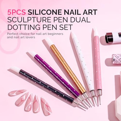 MelodySusie 5Pcs Nail Art Sculpture Dual Pen - color: Purple, Pink, White, Gold, Black, size: 5
