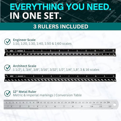 Architectural Scale Ruler and Engineering Scale Ruler Set, 12-Inch, 3-Piece - color: Black Architect / Black Engineer