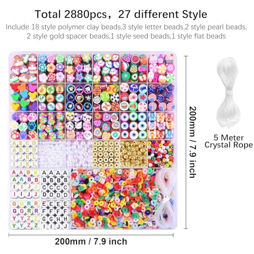 2880pcs Polymer Clay Beads Bracelet Making kit,Cute Fun Beads Sport Ball Fruit Flower Animal Cake Butterfly Heart Beads Charms for Jewelry Necklace Earring Making DIY Accessories for Children Girls - color: A2#Clay Beads